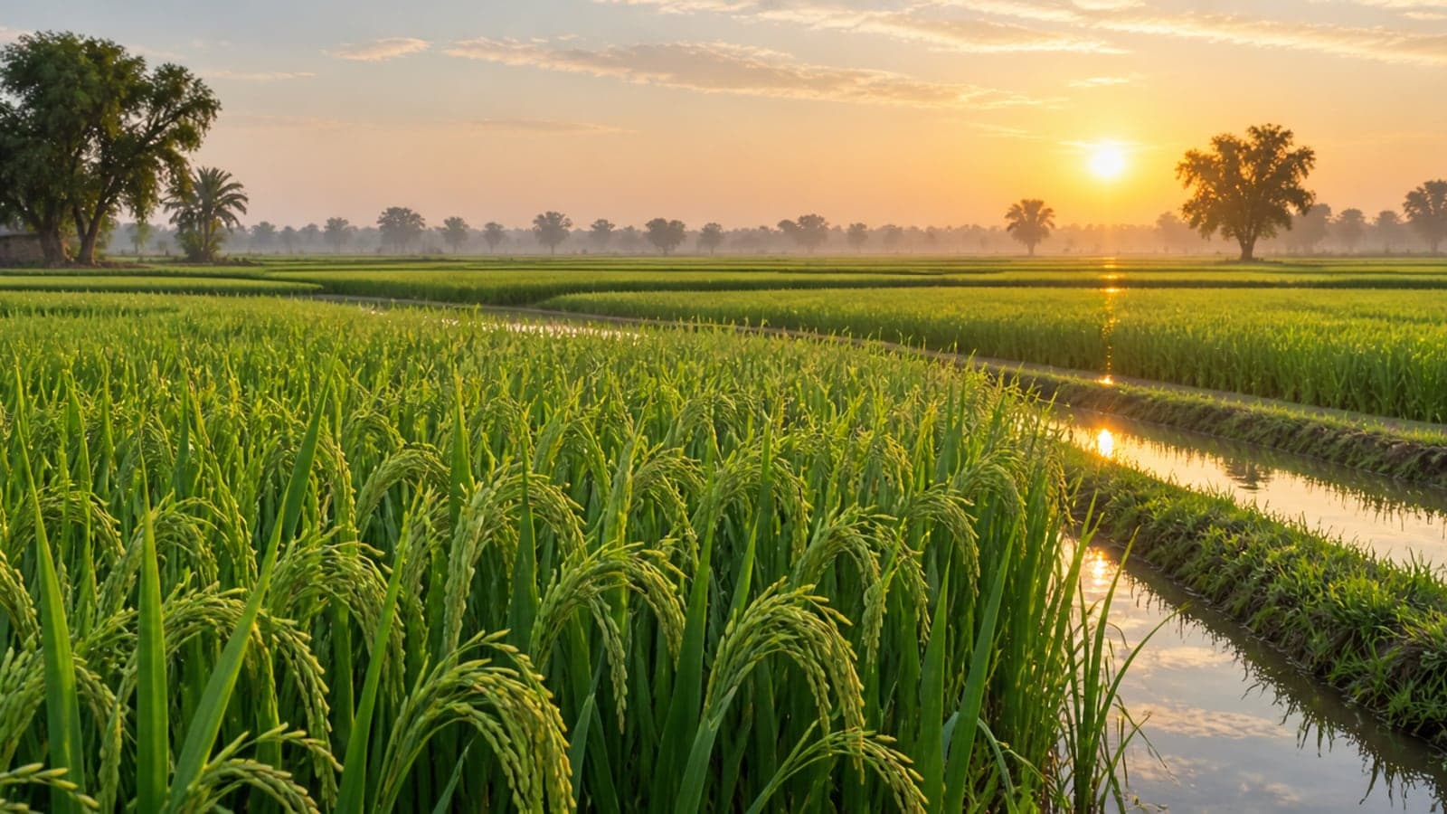Lush rice fields in Pakistan at sunrise